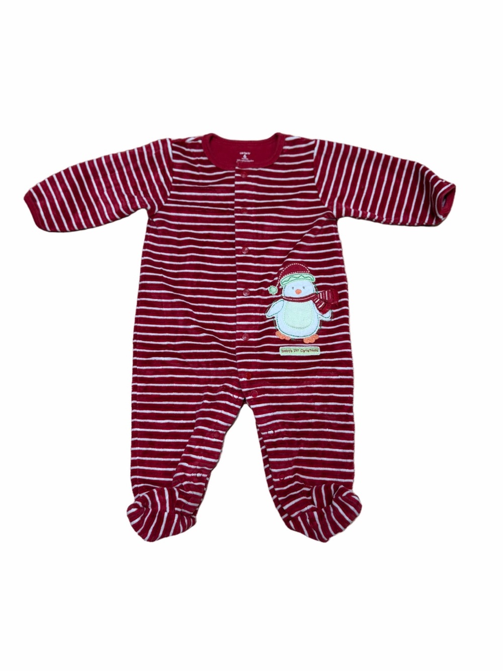 Carter’s Baby 6M Red Stripe Baby’s 1st Christmas Penguin Footed Sleeper Pajamas